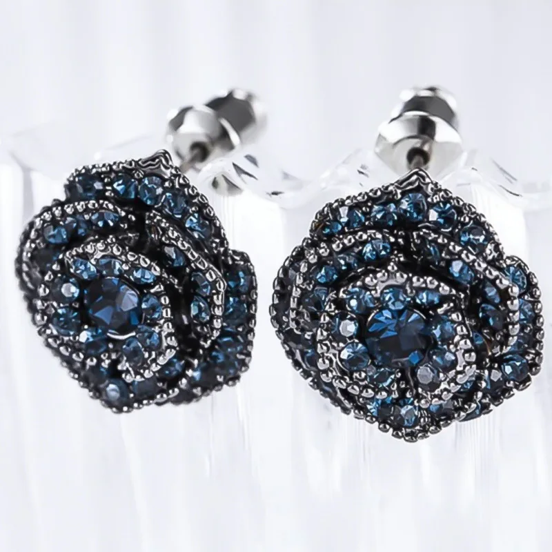 

Retro Exotic Flower Blue Cubic Zirconia All-match Earrings Female Earrings Jewelry Silver Color Wholesale Drop Ship