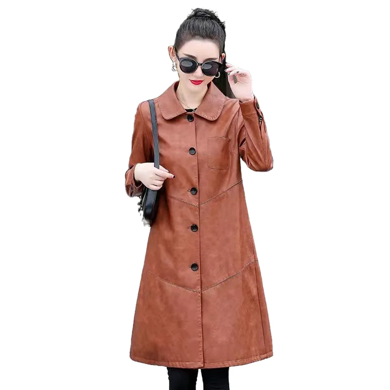 4XL Autumn Brown Long Faux Leather Trench Coat For Women Long Sleeve Single Breasted Vintage Soft PU Leather Shirt enlarge