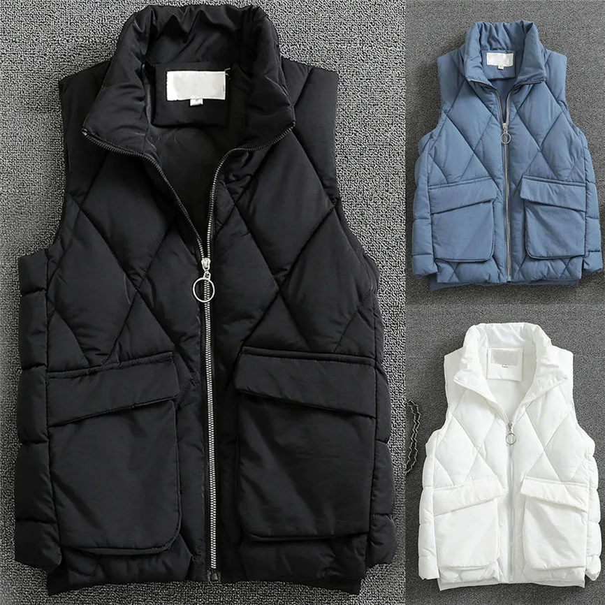 Женское осенне зимнее пальто без рукавов куртка с карманами жилет на молнии