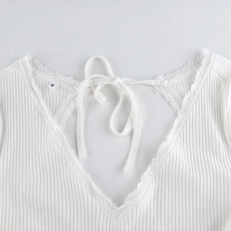 Женская сексуальная облегающая кружевная футболка с открытой спиной длинным