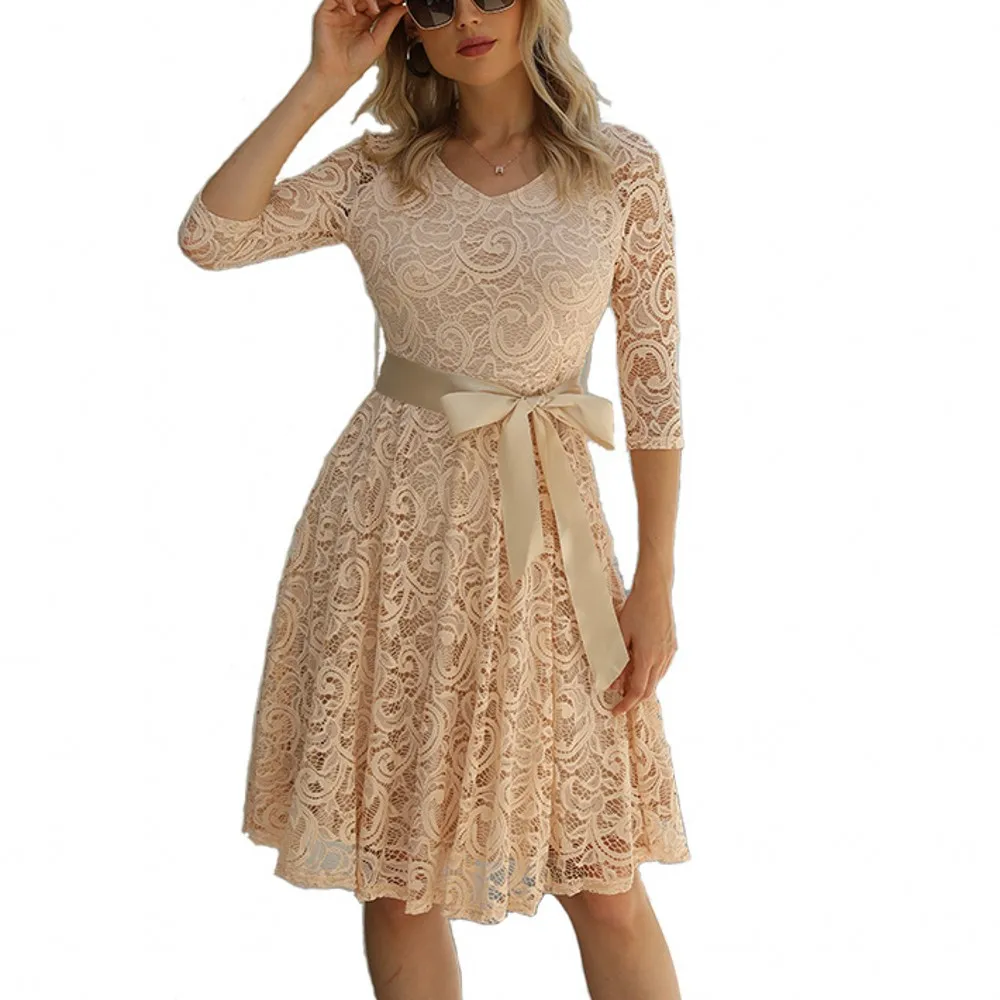 

European And American Women's Fashion New Elegant Sweet Women's Dress Lace Solid Color Round Collar Summer And Autumn Dress