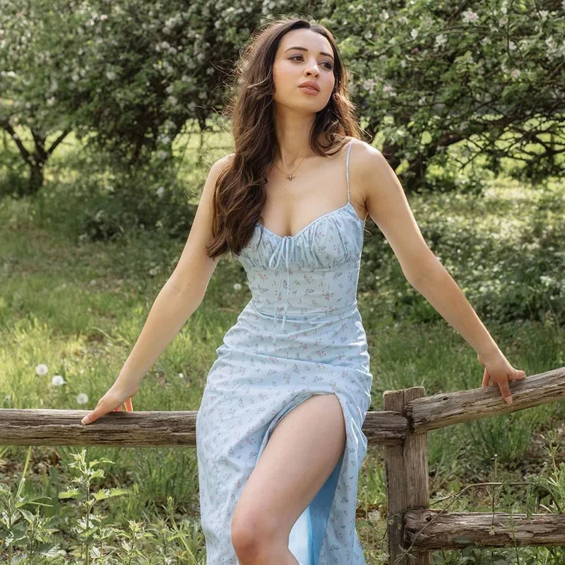 

Summer Midi Dress Women Casual Floral Print Pleated Sleeveless Backless Lace Up Elegant Sexy Split Fork Sling Dress Female
