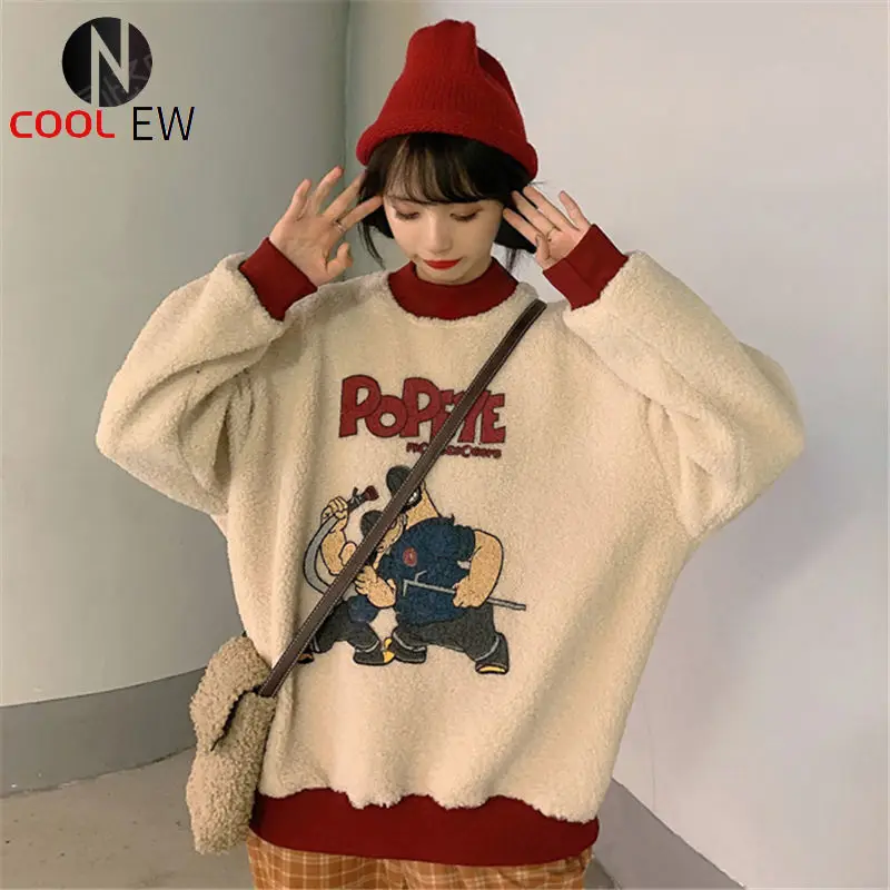 

O Neck Sweatshirt Women Fashion Top Fleece Warm Sweet Sweatshirts Pullovers Schoolgirl Cute Clothes Autumn Winter Korea Cartoon
