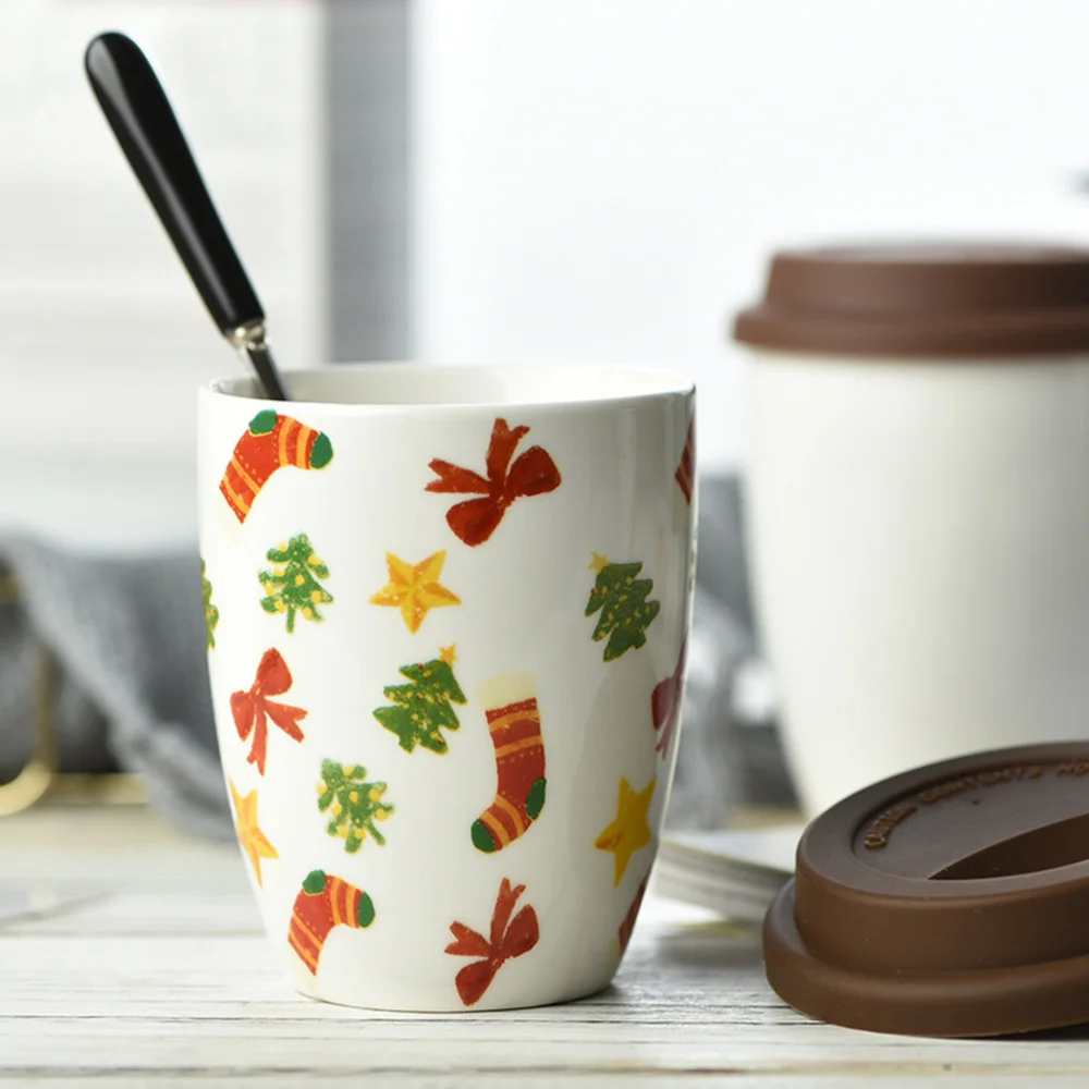 380ML Ceramics Mug Christmas Coffee Without Handle Thicken Fashion Tea Cup with Silicone Lid (Christmas Gifts) | Дом и сад