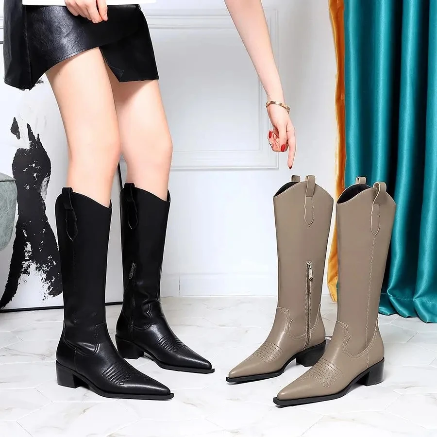 

Thick Heel High Heel Women's Boots Wood Grain Heel Pointed Retro Wind Knight Boots New Winter Sleeve Women's High Boots