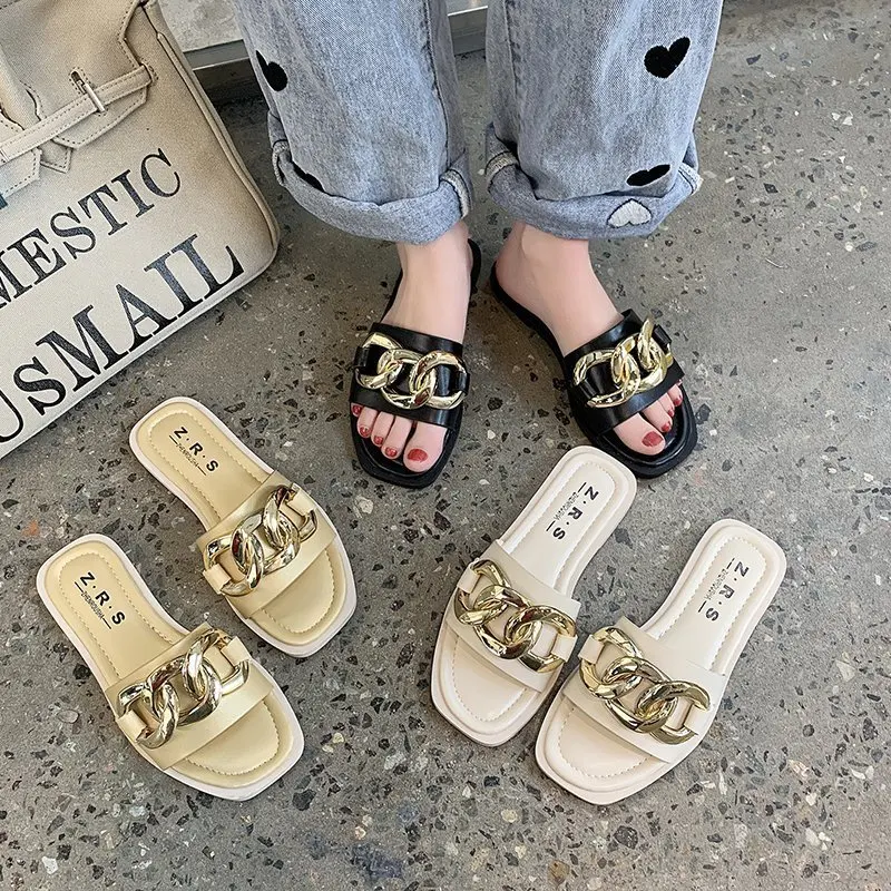 

Beach Shoes Slippers Women Summer Slides Low Pantofle Rivet Fashion Square Toe Sabot Flat 2021 Luxury Rubber Metal Decoration Ba