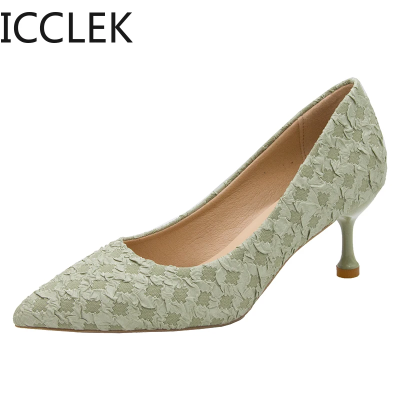 

Spring Autumn Sequined Cloth High Heels Dress Shoes Woman Pointed Toe Pumps Green Boat Shoes Ladies office Work Shoes
