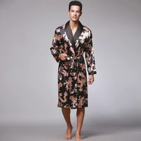 men silk summer and autumn satin kimono bathrobe golden dragon knee length long sleeve black bath robe dressing gown sleepwear