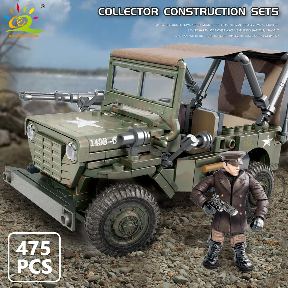 

HUIQIBAO 475pcs Military Willis Infantry Car Building Blocks Off-Road Vehicle Toys Weapon WW2 City Soldier Army Figures Bricks