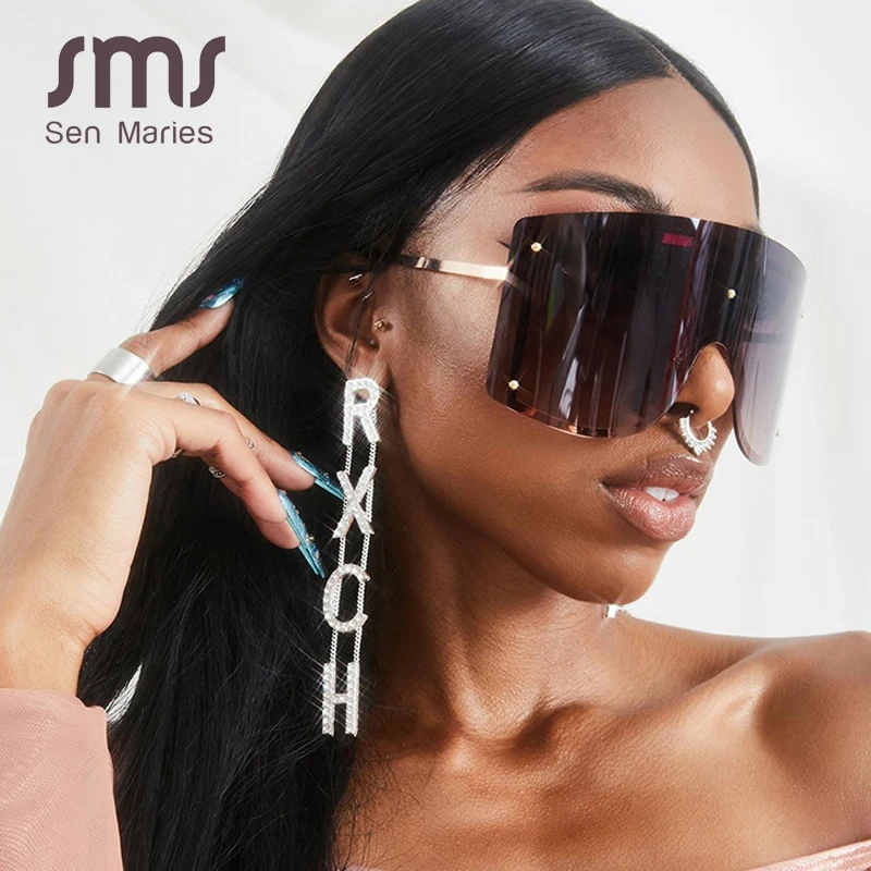 Женские солнцезащитные очки без оправы большие синие и желтые с градиентом