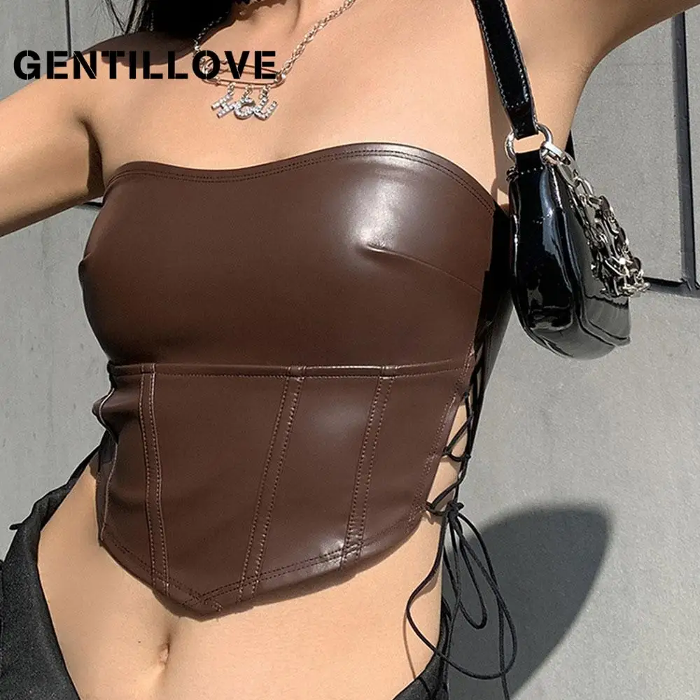 

Gentillove 2021 женский летний сексуальный Асимметричный лоскутный корсет на бретельках шикарная майка уличная одежда кожаный повседневный клуб...