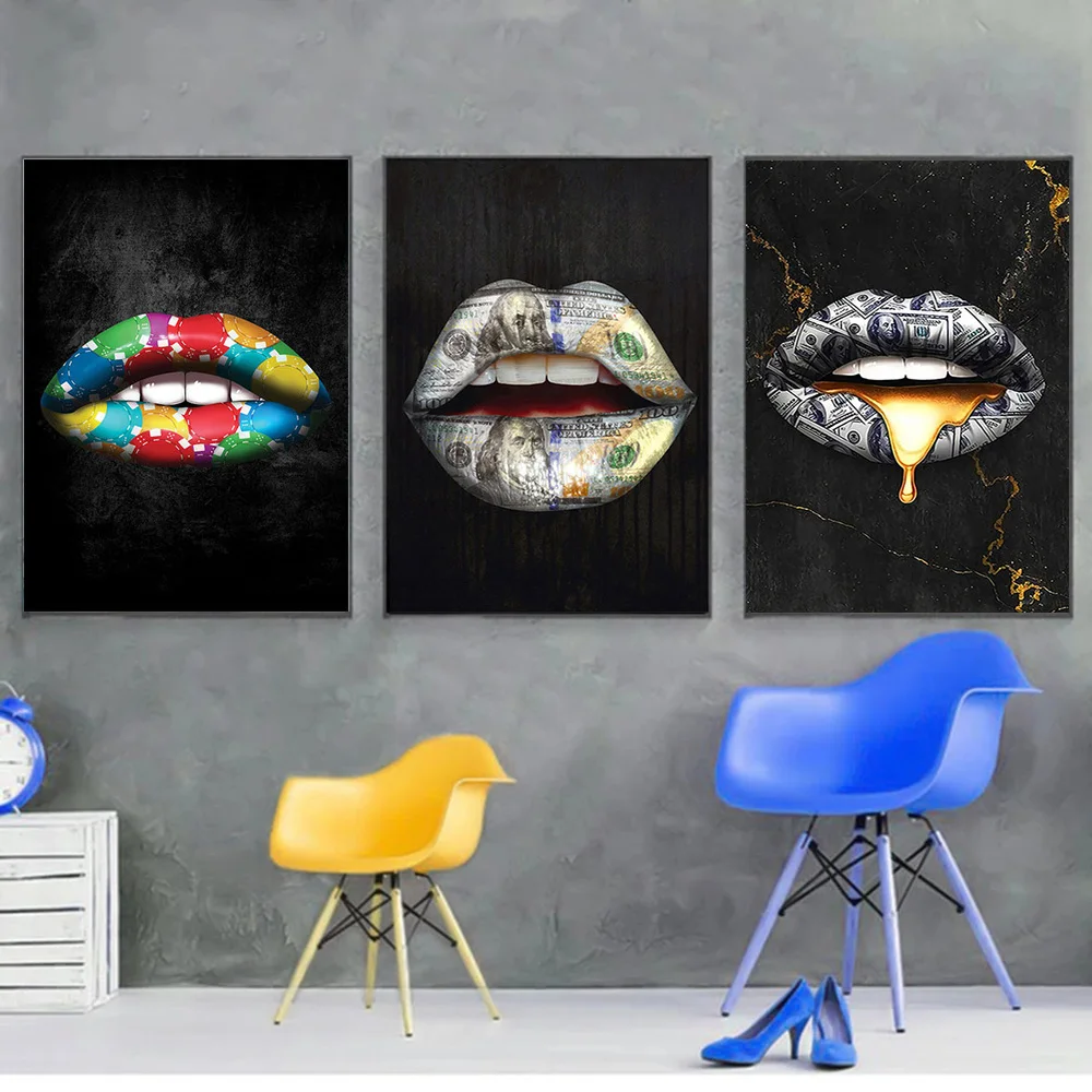 

Sexy Gold Lips Mouth Canvas Painting Prints Wall Art Nordic Modern Poker Card Money on Lips Graffiti Posters Pictures Room Decor