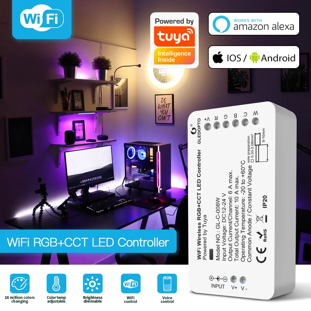 

GLEDOPTO Wireless WIFI Controller Powered by Tuya Smart Life APP Alexa Voice Control LED Strip Light Controller RGBCCT Colors