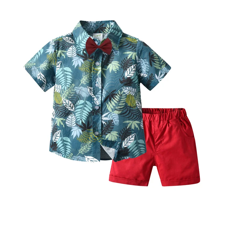 

2pcs Little Boyâ€™s Cotton Outfits,Breathable Summer Fresh Leaves Single-breasted Short Sleeve Shirt and Solid Color Short Pants