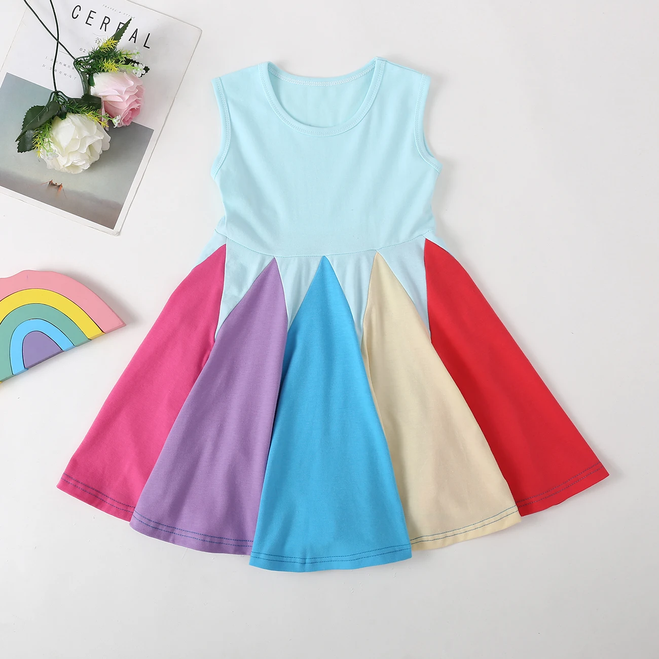 

New Summer Baby Girls Clothes Fashion Rainbow Short Sleeve Cotton Color Block Cute Party Dresses for Kids Princess Girls Dress
