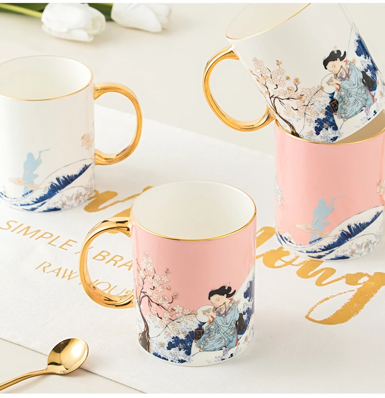 

380ml Ceramic Coffee Mug Cherry Pattern Cup High End Bone China Gold Plating Couple's Teacup Household Water Milk Cup