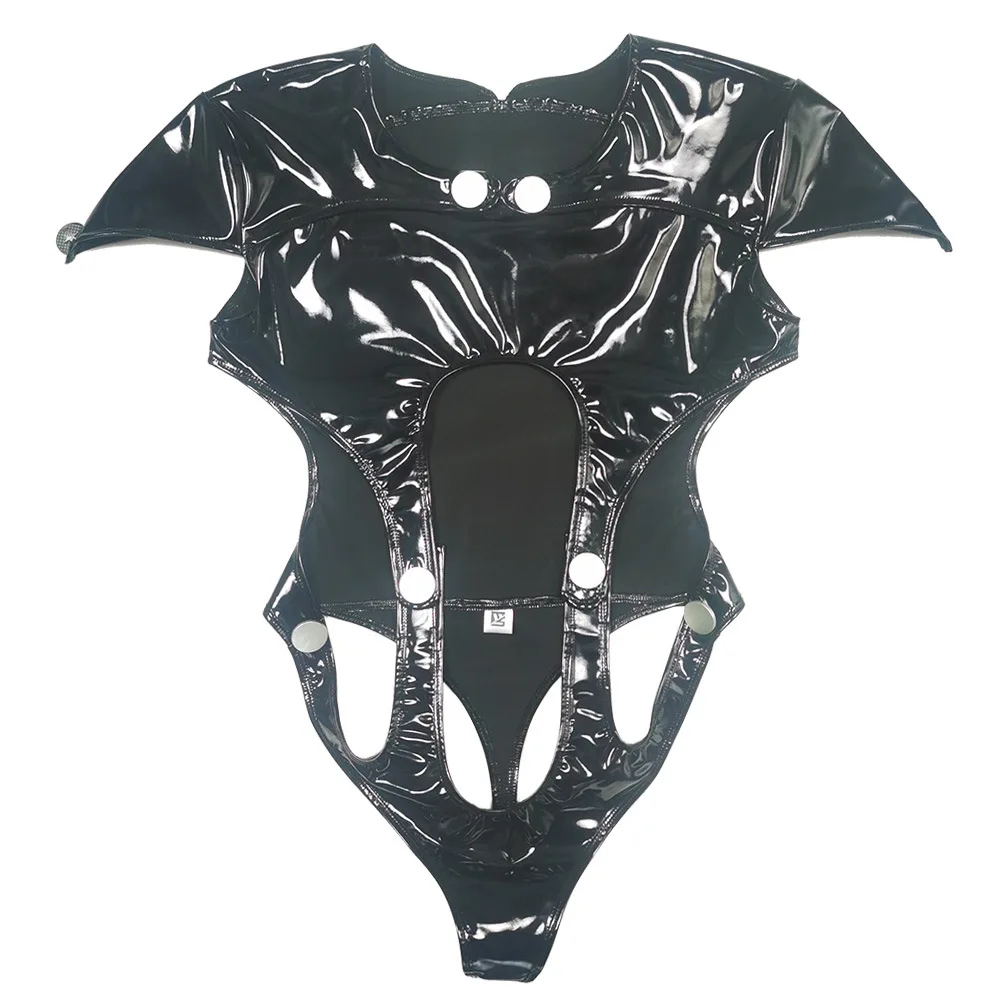 

Woman Sexy Bodysuit PVC Faux Leather Costumes High Cut Leotard Shiny Gloosy Sukumizu Shaping Hollow Out One Piece Thong Corsetry