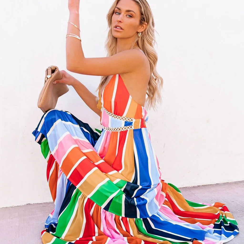 

Sexy Deep V Neck Backless Striped Maxi Woman Dress 2021 Summer Party Rainbow Spaghetti Strap Long Dresses For Women Robe Femme
