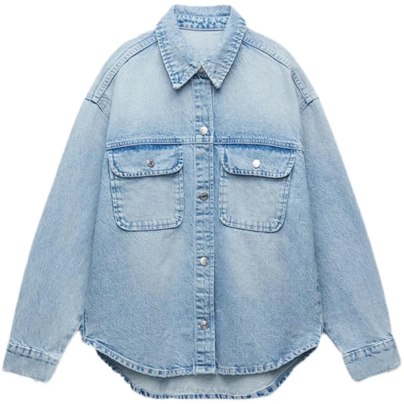 

British Style Vintage London Two Big Pockets Design Simple Denim Shirt Jackets 2021 Lady Autumn Daily Wear Blue Thin Denim Coat
