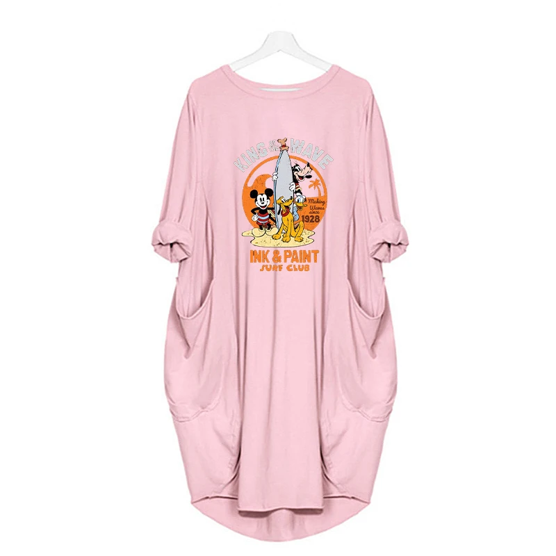 

Midi Dresses Women Long Sleeve Loose Sundress Pockets Cartoon Mickey Print Autumn Robe Femme Plus Size Beach Dress Streetwear