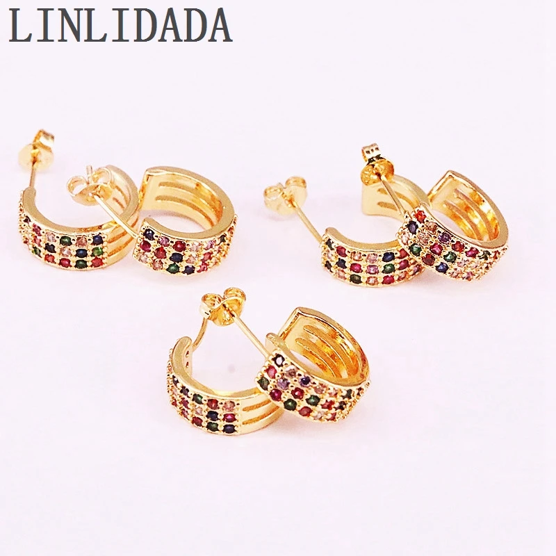 

10Pairs 15mm, Gold color PAVE rainbow colorful CZ circle Gorgeous fashion women Stud earring
