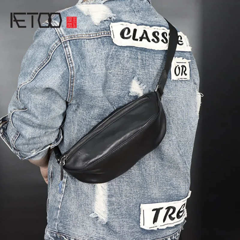 AETOO Men's trendy chest bag, fashionable leather shoulder bag, handmade casual messenger bag