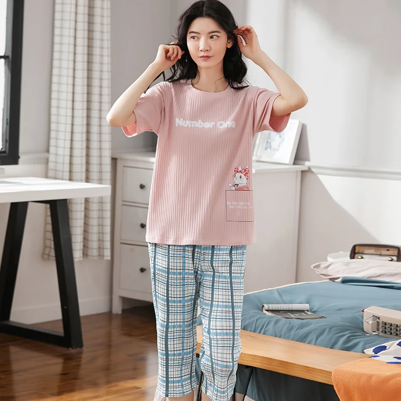 

Женские хлопковые штаны до щиколотки с коротким рукавом, домашняя одежда, милая мультяшная розовая пижама для девочек, летняя модная Синяя ...