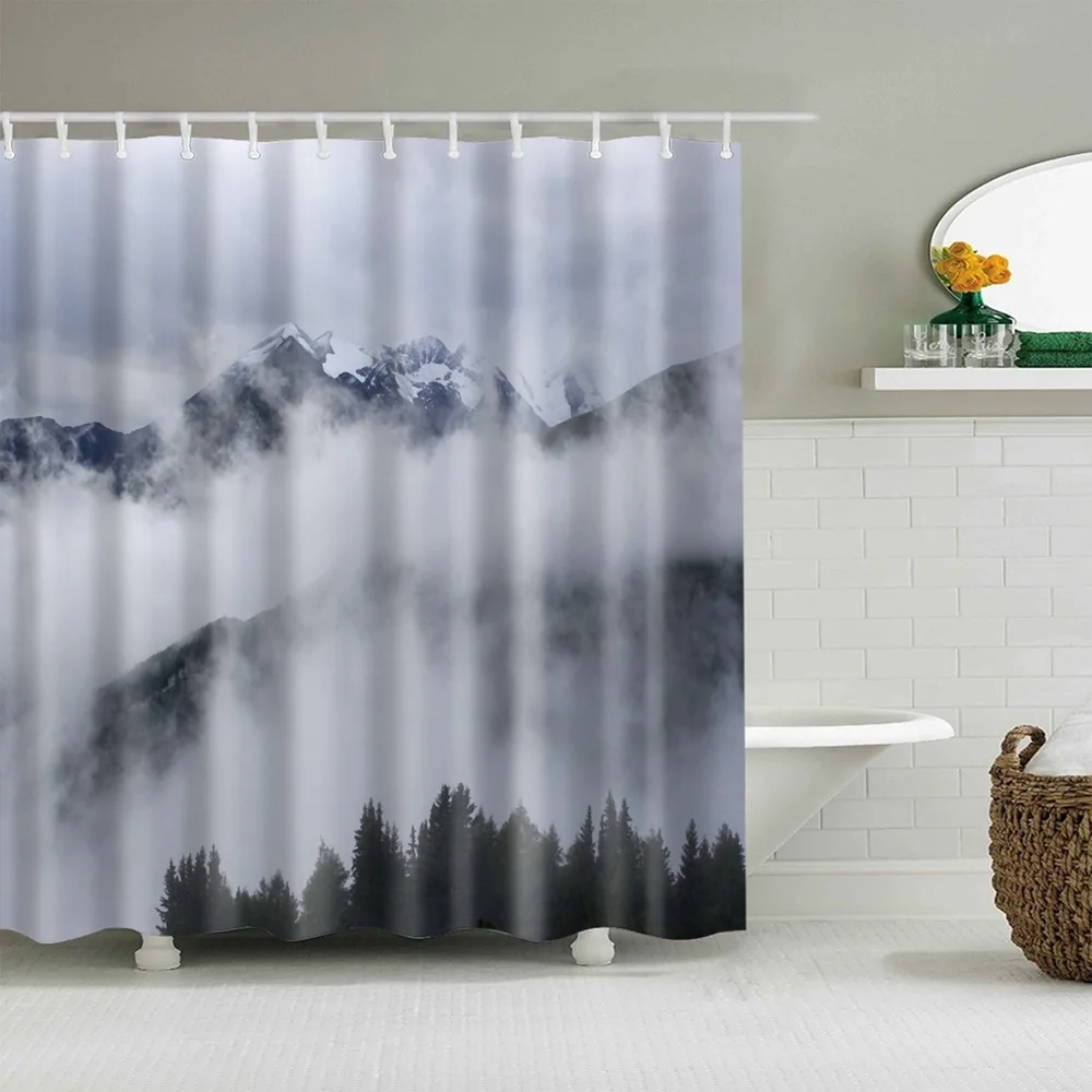 Dafield Туманный лес горный душ Шторы утром синего/серого цветов: пейзаж с