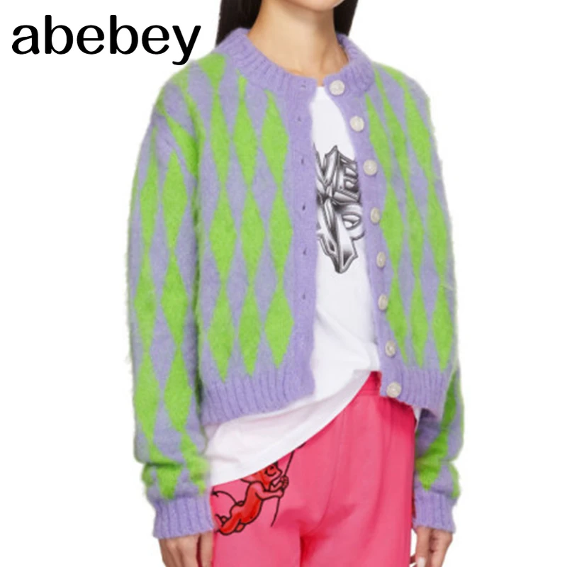 Зеленый и фиолетовый Argyle Mimi кардиган с длинными рукавами пуговицами свитер