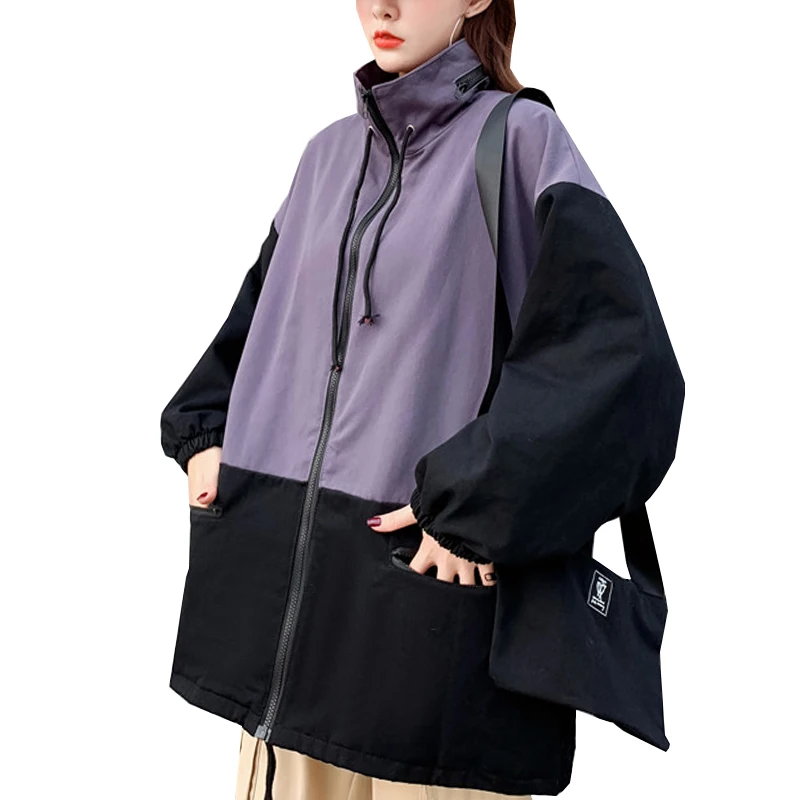 

Куртка женская оверсайз с длинным рукавом, куртка бойфренда в стиле пэчворк, свободная Базовая верхняя одежда на молнии, уличная одежда для студенток, весна-осень