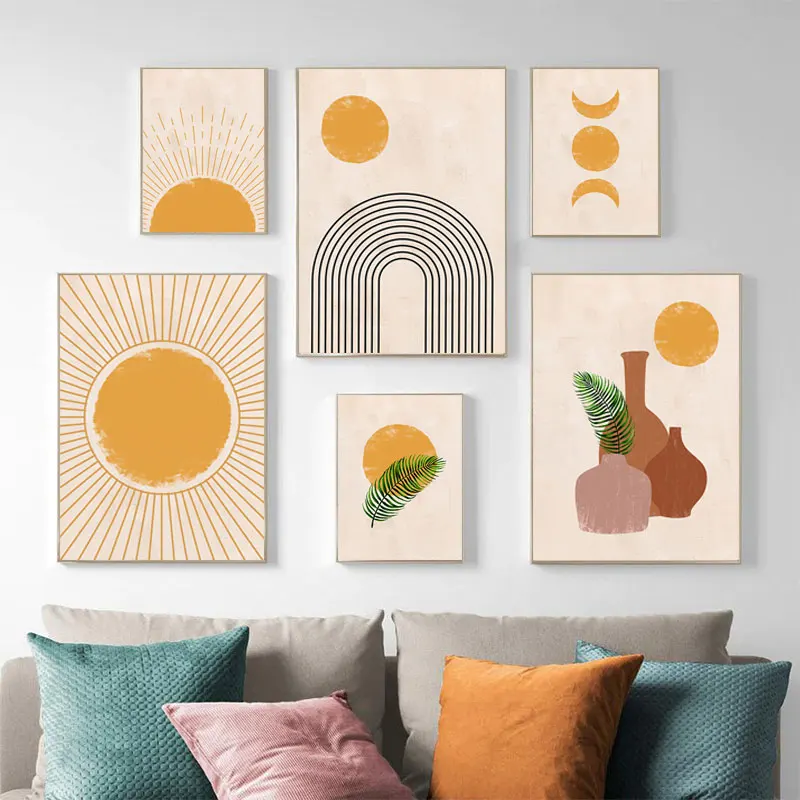 

Boho Wall Art Canvas Painting Sun Moon Plants Prints Abstract Terracotta Gallery Wall Pictures Nordic Posters Living Room Decor