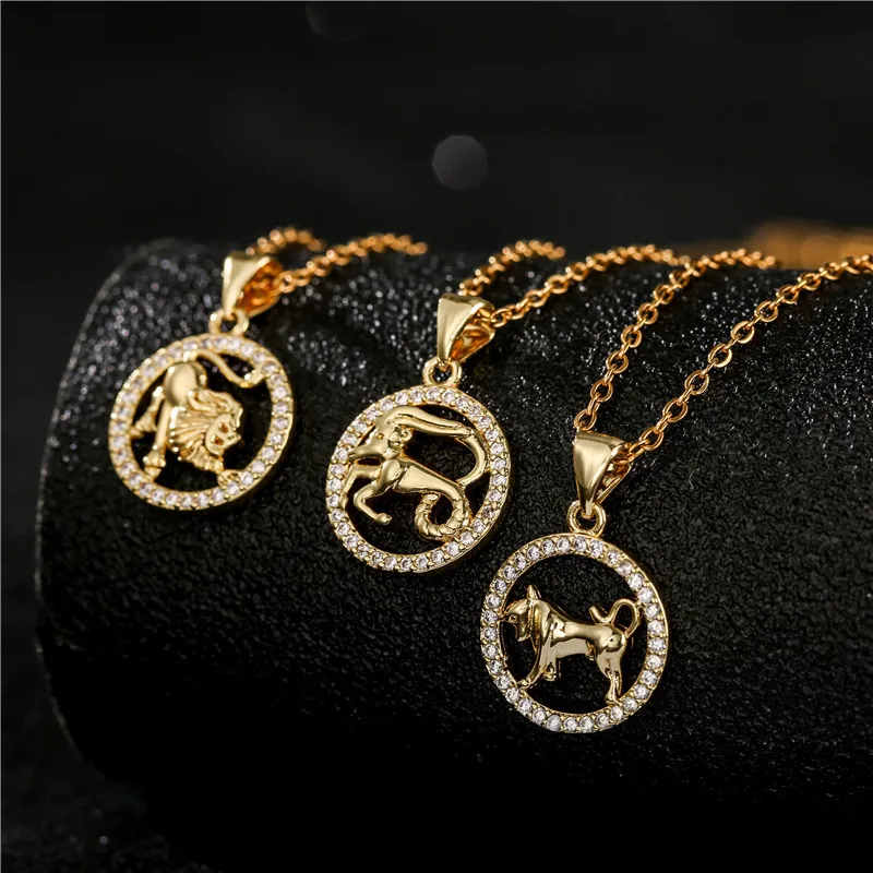 

Golden 12 Zodiac Necklace Copper Jewelry Round Pendant Diamond Necklace Women's Horoscope Golden Chain Necklace Gift Jewelry