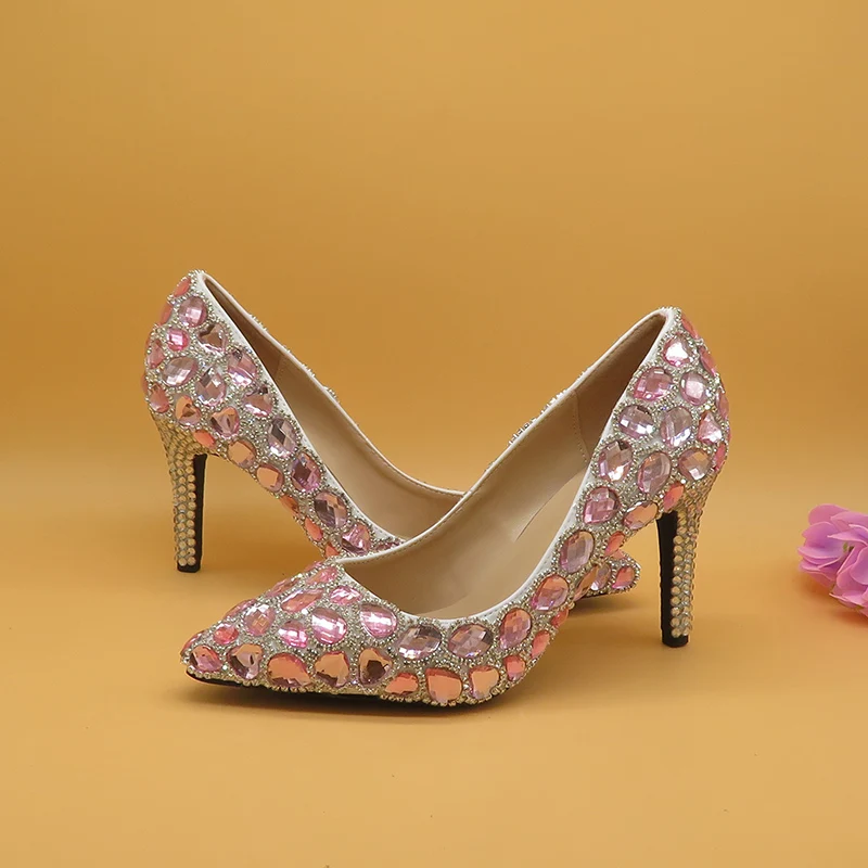 Розовые свадебные туфли со стразами обувь для подружки невесты с острым носком