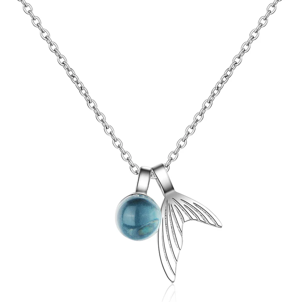 

100% 925 Sterling Silver Lovely Fish Tail Blue Crystal Female Pendant Necklace Jewelry Women Short Chain Valentine's Day Gift