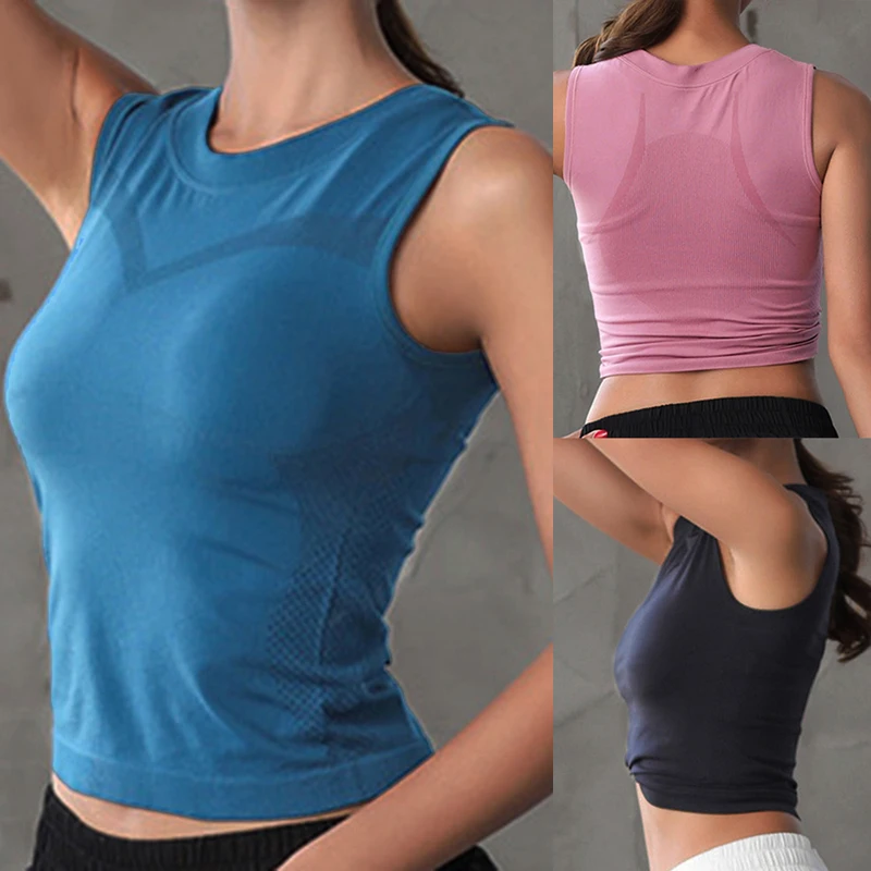 Бесшовные футболки для йоги женские летние майки без рукавов топы спортивная