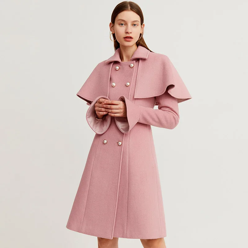 

Женское шерстяное пальто средней длины, розовое приталенное двубортное пальто с лацканами и жемчужными пуговицами, офисное пальто для осен...