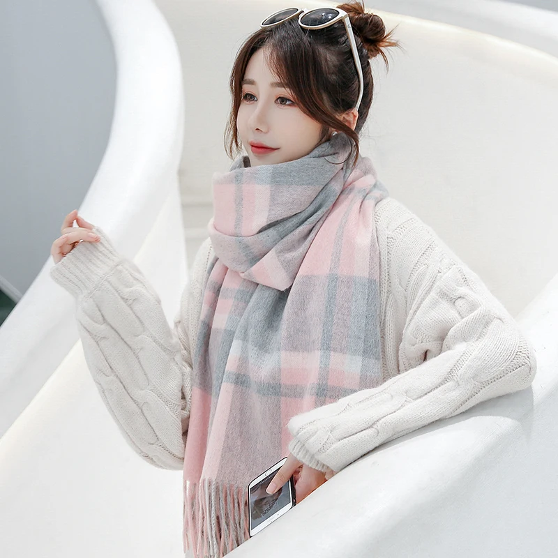 Зимний классический клетчатый шерстяной шарф для женщин с кисточками тонкая