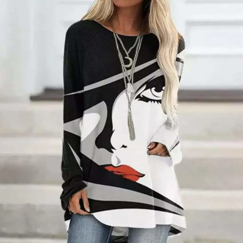 

New Vintage Abstract Printed Long Sleeve Shirt Women O Neck Loose Long Tops Autumn Oversize Shirts For Women Loose Printed Shirt