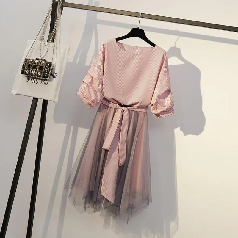 4XL Plus Size Women's Skirt Sets 2020 New Summer Casual Stripe Top &amp Chiffon Two Piece Set Lady Girl Elegant Suits |