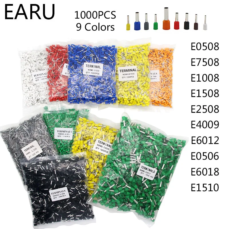 1000 шт./упак. E0508 E7508 E1008 E1508 E2508 изолированных кабельных наконечников клеммной колодки конец шнура Разъем провода электрические обжимной Терминатор