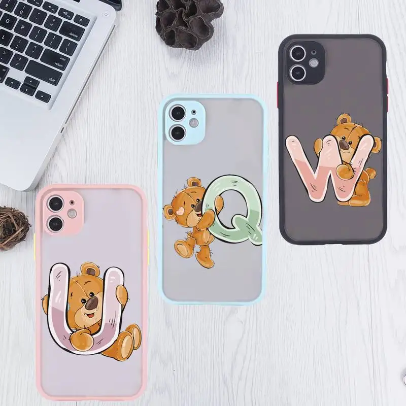 

Luxury bear letters Phone Case For iPhone 12 11 Mini Pro XR XS Max 7 8 Plus X Matte transparent Pink Back Cover