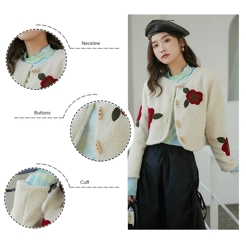 

Anbenser New Fashion Embroidered Sweater Cardigan Women Wool Horn Button Up Crew Neck Sweater Beige Winter Fashion Sweaters Coat
