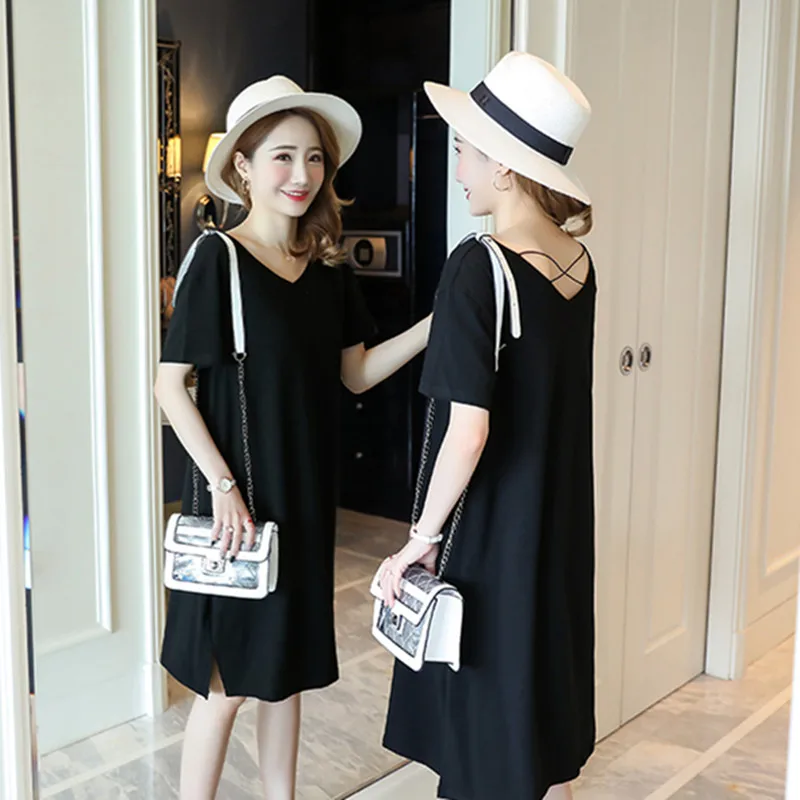 

1840# Summer Casual Cotton Maternity Nursing Long Tees V Neck Loose Feeding Dress Clothes for Pregnant Women Pregnancy Mother