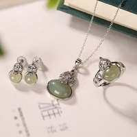 s925 sterling silver hetian gray jade stud earrings vintage chinese style gourd womens earring pendant ring set