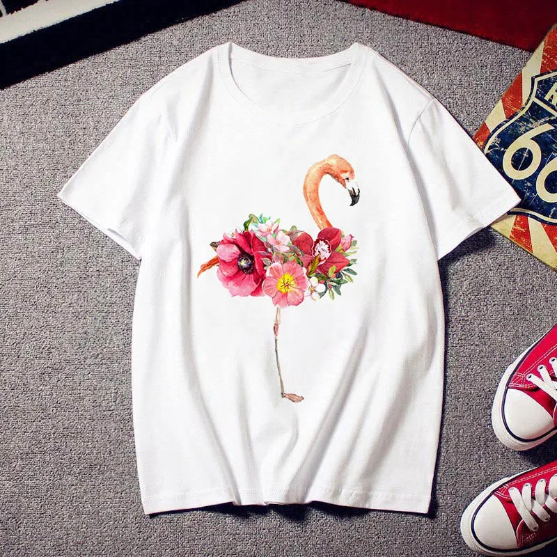 

Flamingo beauty trendy T-shirt ladies print fashion 90s Harajuku short-sleeved T-shirt white retro summer aesthetic Clothes top