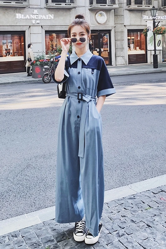 

Women Fashion Splice Shirt Style Bandage Jumpsuit Short Sleeve Loose Casual Wide Leg Overalls Elegant One Piece Pants 2021Summer