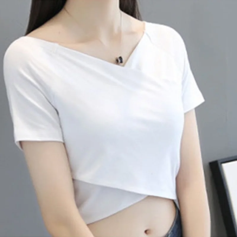 

Cotton Sexy V-neck cropped T-shirt women Summer high waist short sleeve solid short top slim ladies fashion casual tee shirt