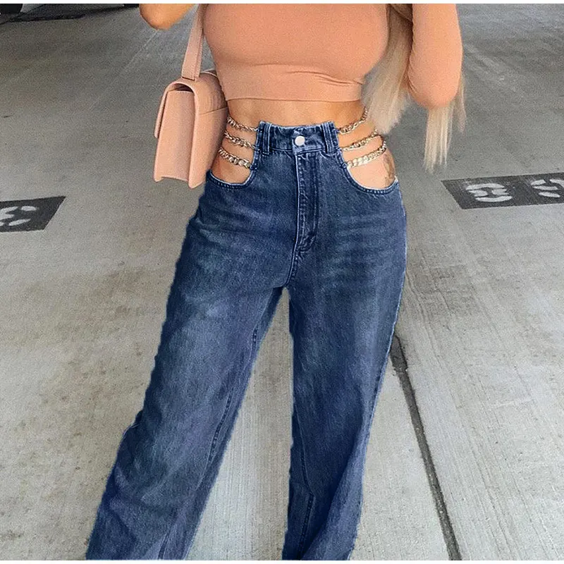 

Side Hollow Out Chain Patchwork Women Jeans Straight High Waist Zipper Pocket Female Pant Streetwear Casual Solid Ladies Bottom