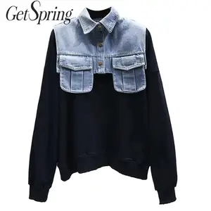 Женская джинсовая толстовка с капюшоном Getspring, черная Повседневная Толстовка с капюшоном в стиле пэчворк, модель 2020 г.