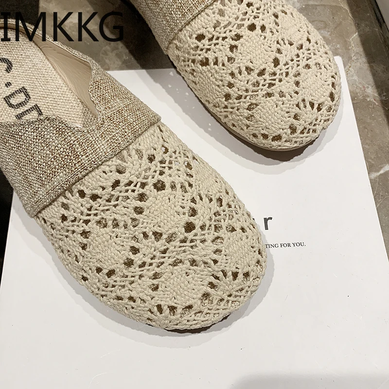 Новинка Женские парусиновые летние туфли на плоской подошве с вырезами лоферы